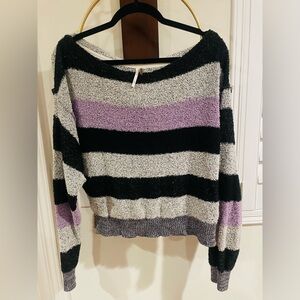 Free People Striped Crewneck Sweater in Black, Gray & Purple
